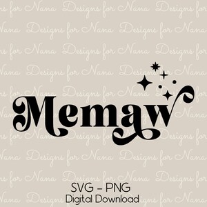 Memaw SVG PNG digitaler Download Kommerzielle Nutzung Clipart, modernes Retro Swirl Design Cut File zum Personalisieren von Kunsthandwerk und Geschenken für Oma