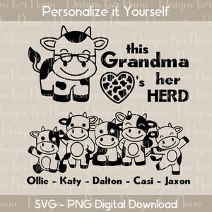 Nombre de niño abuela Svg PNG, Regalo de Nana para ella de nietos Svg, Día de la Madre Svg, Animal de granja Vaca y terneros Svg, Gigi ama a su rebaño Svg