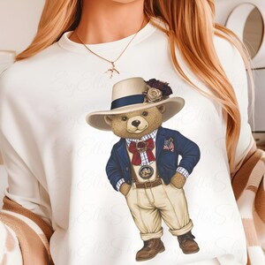 Vintage Patriotic Teddy Bear Sublimation Design – Retro Dressed Bear with American Flag and Rose Hat – Cute USA Independence Day Clipart PNG