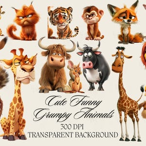 Funny Cute Grumpy Animals Clipart- High-Resolution Transparent PNGs,Whimsical Animals  Commercial Use - Cartoon Pet Prints,Quirky Animals