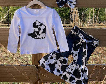 Girls Black and white cow print Western Boot Outfit Denim Rodeo wear Country barn Party