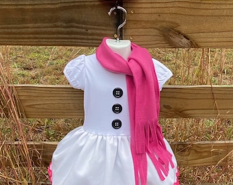 Girls Hot Pink and White Snowman Style Holiday Fun Dress Short or Long sleeve Pageant Mini Hat