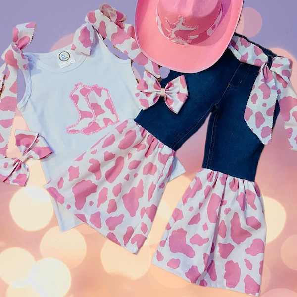 Pretty Pink Cowgirl Cow print Western wear Outfit set Sequins Ruffles Bows Girl Girls Pageant