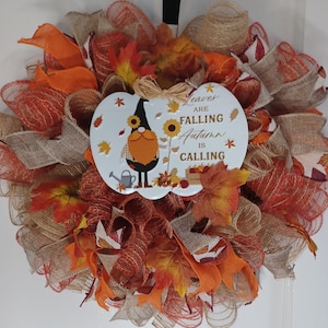 Fall spring Wreath, Handmade, Orange and tan home decor inside outside door wall hangings mesh material