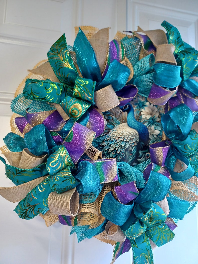 Blue Tourquoise and Beige Peacock Wreath, Home Decor, Fall, Spring ...