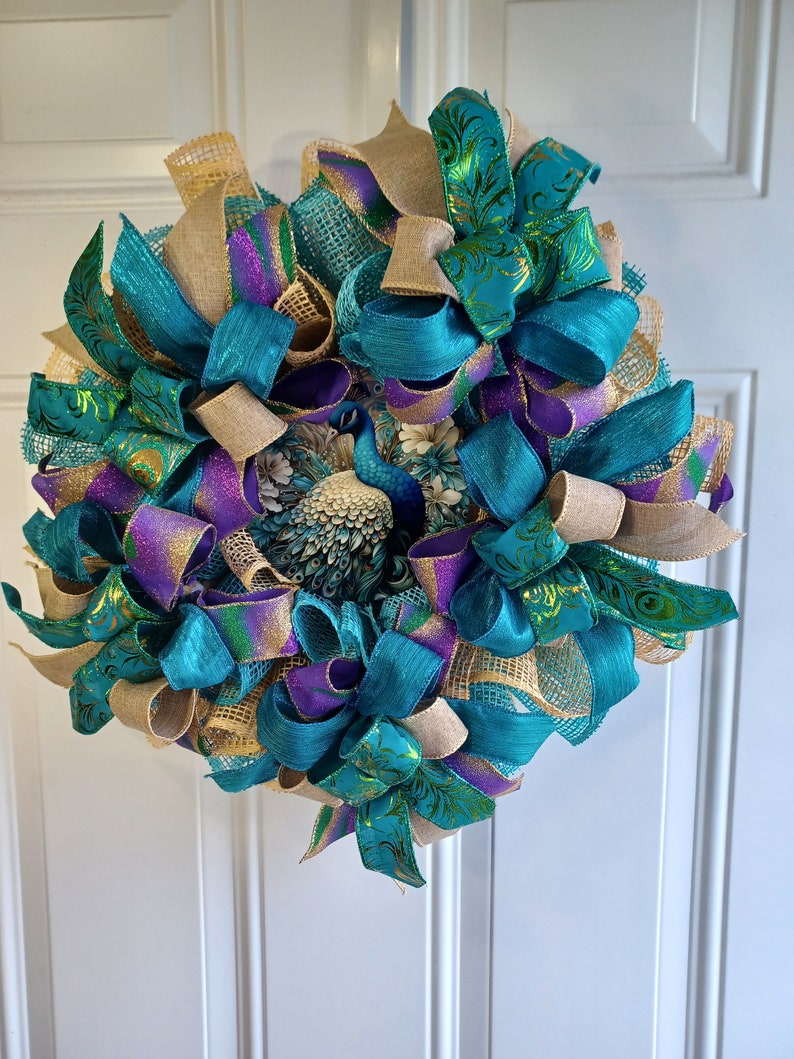 Blue Tourquoise and Beige Peacock Wreath, Home Decor, Fall, Spring ...