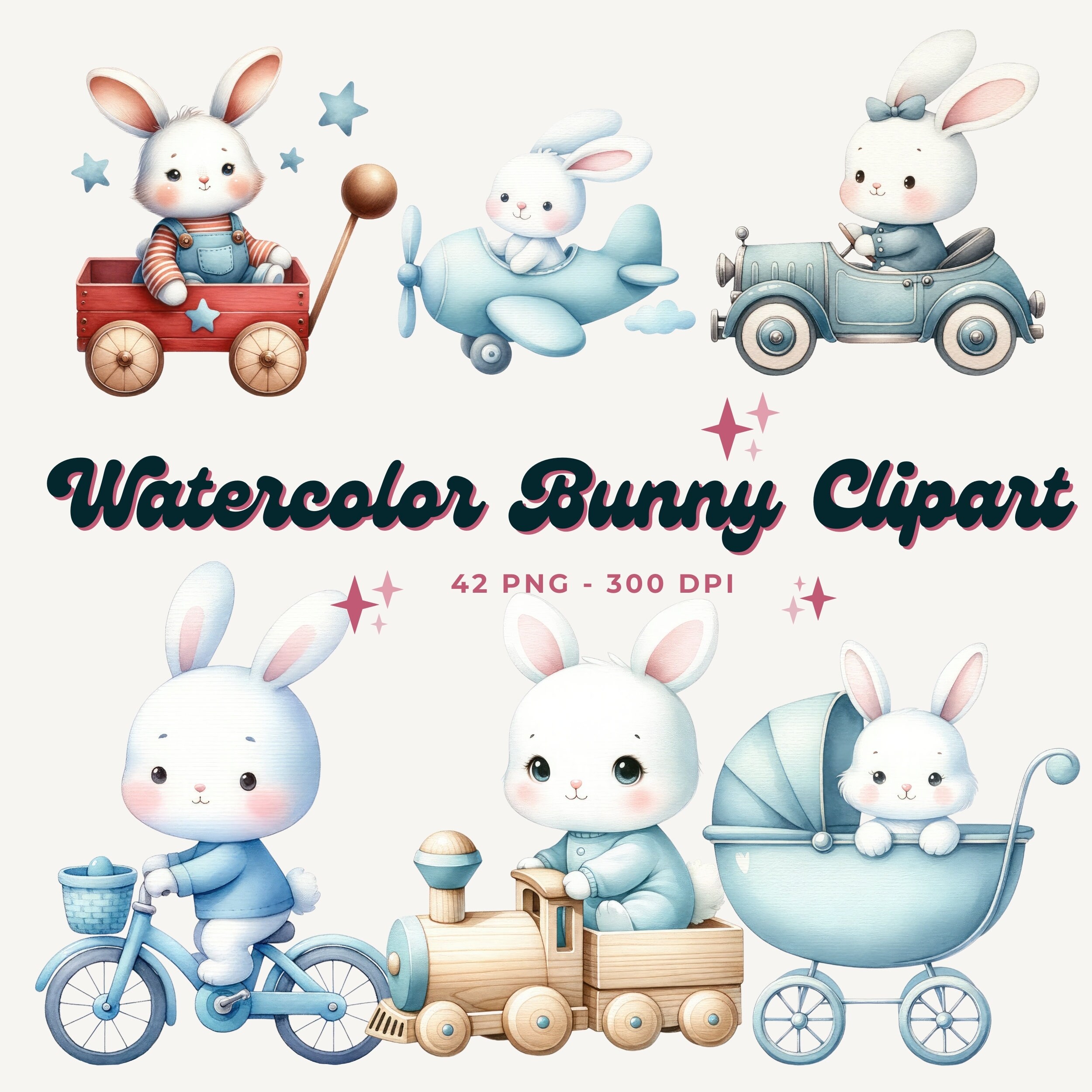 Watercolor Bunny Clipart for Boy, Watercolor Baby Shower Clipart, Baby ...