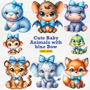 May include: Cute baby animals with blue bows.  The animals include a seal, bat, hippopotamus, monkey, tiger, elephant, and fox.  The image is labeled "Cute Baby Animals with blue Bow" and "25PNG - 300 DPI".