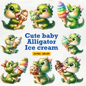 Cute Baby Alligator Ice Cream Clipart Bundle, Summer Cottagecore Clipart, Kawaii Animal Clipart, Summer Animal, Nursery Decor PNG Clipart