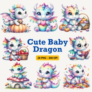 Lindo paquete de imágenes prediseñadas de bebé dragón, amor de dragón PNG, decoración de temporada, manualidades y calcomanías de pared, imágenes prediseñadas de animales, imágenes prediseñadas de otoño, pastel