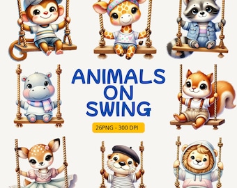 ブランコに乗る動物のクリップアート：保育園のPNGセット（デジタルダウンロード）