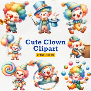 Niedliche Cartoon Clowns Clipart, Kinder Clown Clipart, Zirkus Magie Ballon Aufkleber, Babyparty, Clipart für Kinder, Zirkus PNG, printable Art
