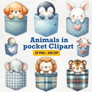 Könnte beinhalten: Ein Set mit 29 digitalen Clipart-Bildern, die verschiedene Tiere zeigen, die aus blauen und karierten Taschen schauen. Zu den Tieren gehören ein Pinguin, ein Kaninchen, ein Hund, ein Löwe, ein Tiger, ein Elefant, ein Drache und eine Kuh. Der Text "Animals in pocket Clipart" und "29 PNG - 300 DPI" ist im Bild enthalten.