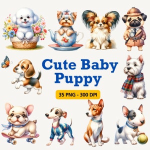 Aquarell Welpe Clipart, 35 süße Baby Welpe Clipart, Hunderassen Clipart, lustiges Tier, Kawaii Hunde für Kartenherstellung, Handwerk, kommerzielle Nutzung