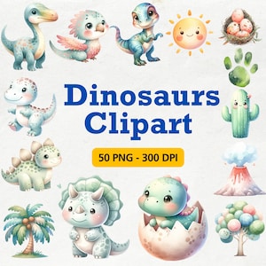 Watercolor Dinosaur Clipart, Dinosaur Birthday Party Decor, Stickers, Dinosaur baby shower, PNG, Baby Boy Nursery Decor, Cute Dino Clipart