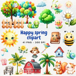 Happy spring clipart, Cute Spring Clipart, Spring PNG, Spring Garden PNG, Cute Spring Animals, Spring Flowers PNG, Nursery decor, Weather