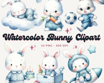 Clipart di coniglietto acquerello: azzurro, stile vintage (42 file PNG)
