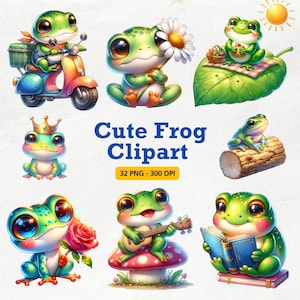 Cute Frog Clipart, Green Frogs Nursery Summer Birthday, Kids Baby Shower, cute frog floral clip art, Spring Animal Clipart, Funny Animal