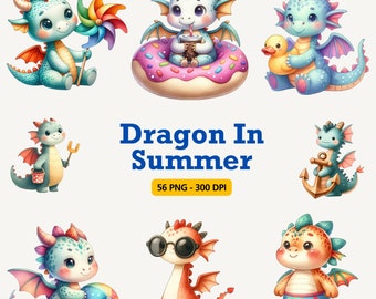 Cute Beach Dragon Clipart Bundle, Summer Graphics (PNG, 300 DPI)