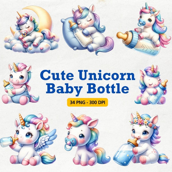 Baby Unicorn with Baby Bottle Clipart, Baby Animal Nursery, Adorable Birthday Unicorn  Baby Shower Unicorn Clipart, Baby Bottle Clipart, PNG