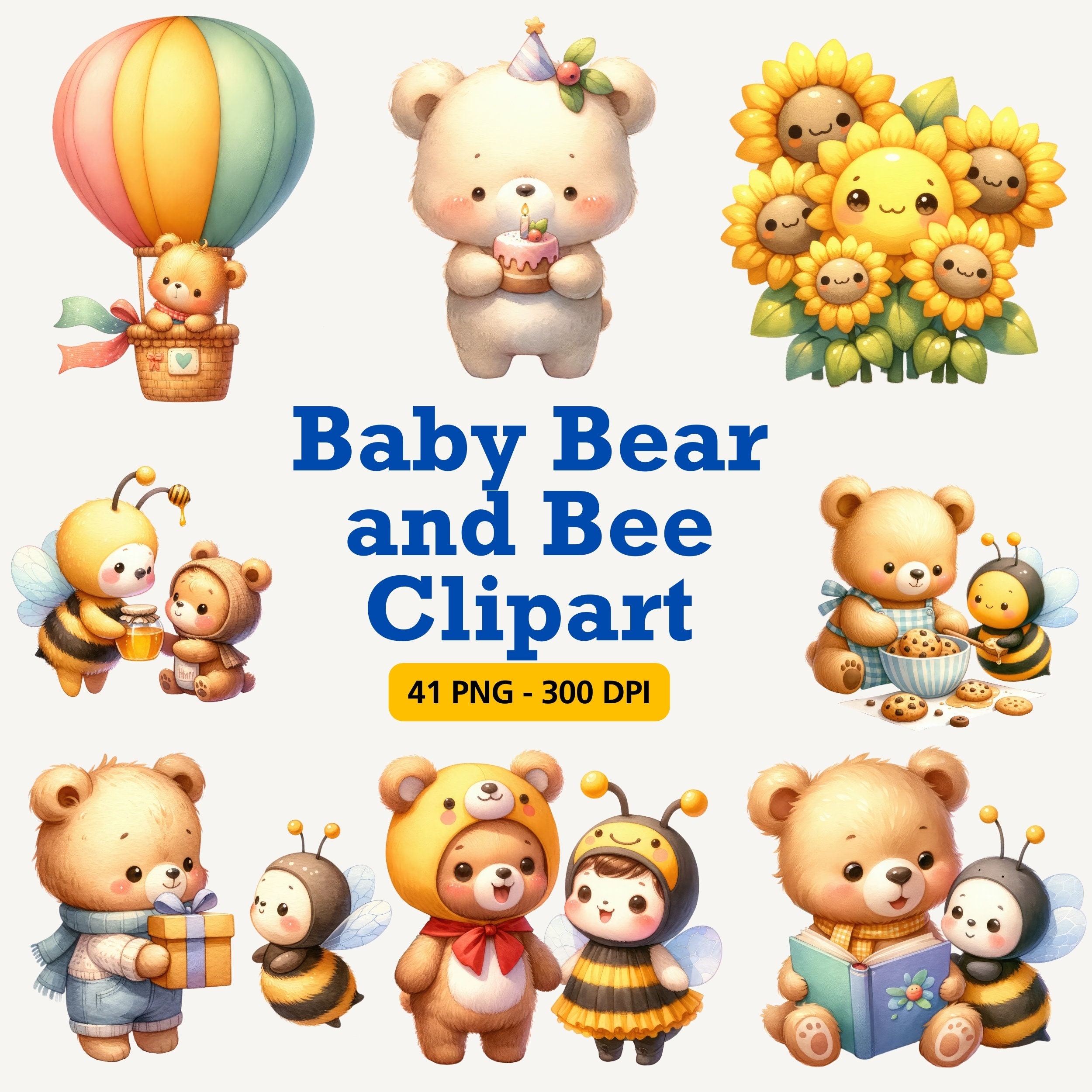 Baby Bear and Bee Clipart, Bee Bear PNG, Honey Bee Clipart, Watercolor