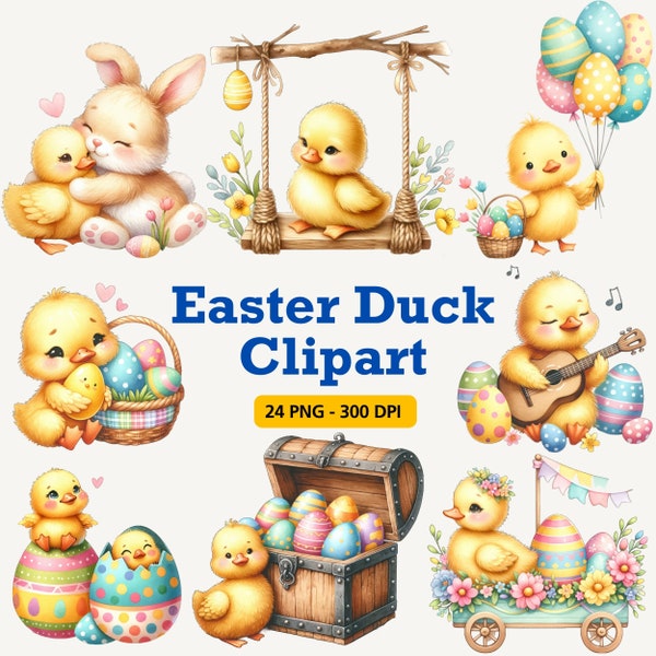 Easter Duck Clipart, Watercolor Cute Duck Clipart, Spring Clipart, Easter Clipart, Easter Eggs Clip Art, Digital Download, Paper Craft, PNG