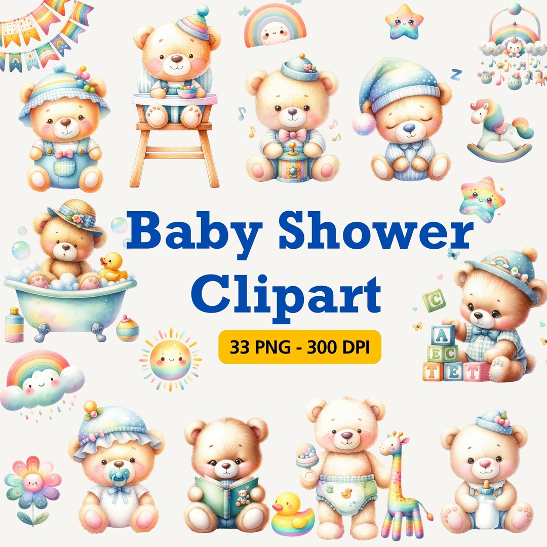 Gender Neutral Baby Shower Clipart, Watercolor Teddy Bear Clipart ...