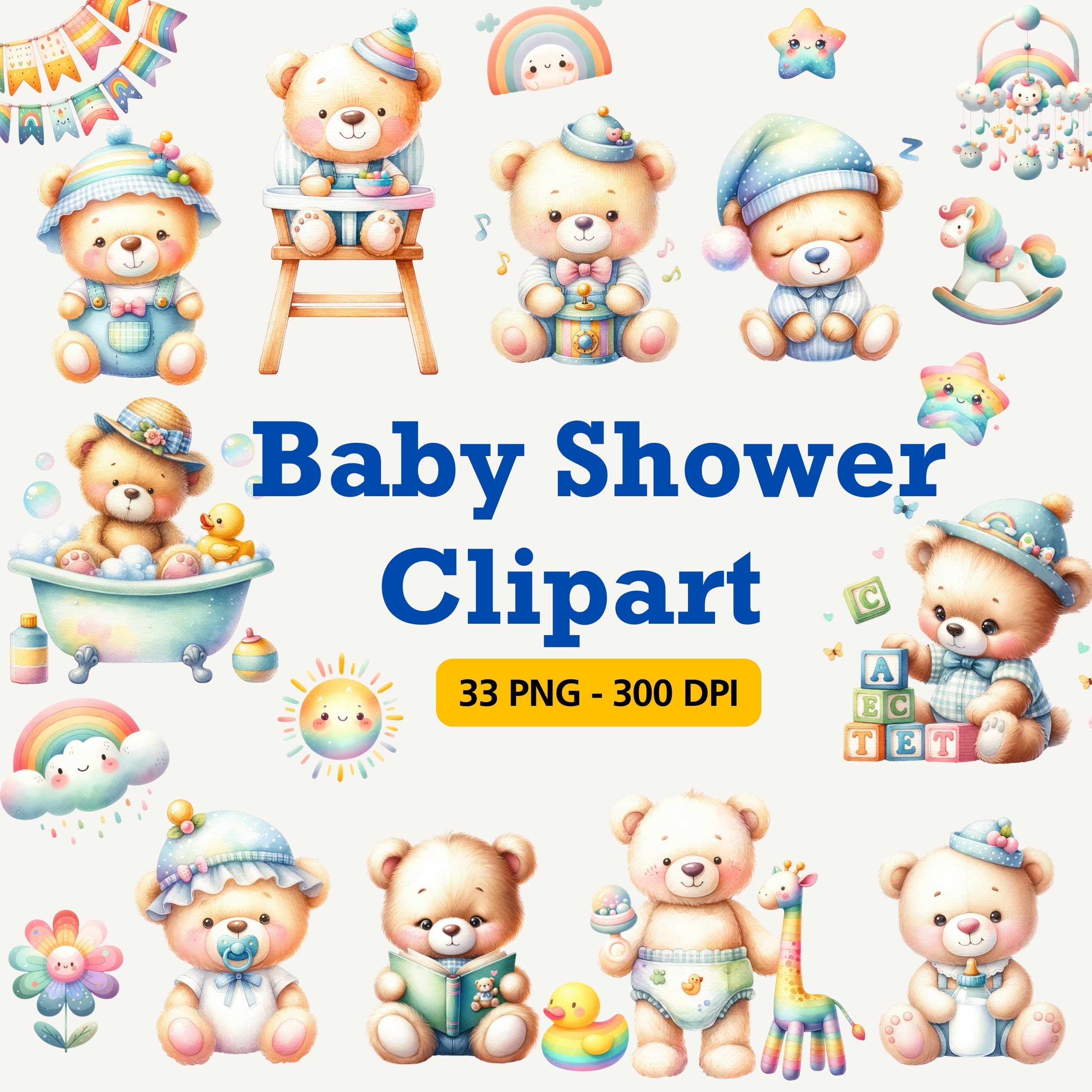 Gender Neutral Baby Shower Clipart, Watercolor Teddy Bear Clipart ...
