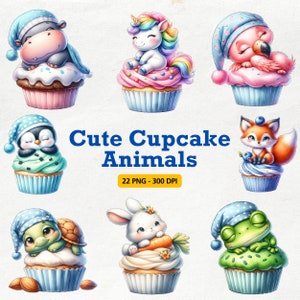 Niedliche Tiere Cupcake Clipart, Geburtstag Cupcakes, schläfrige Tiere, digitale Bild-Downloads für die Kartenherstellung Scrapbook Junk Journal Papierhandwerk
