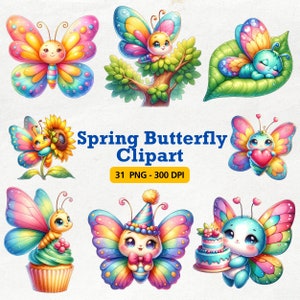 Watercolor Spring Butterfly Clipart, Cute Butterfly Clipart, Bug, Baby Butterfly, Happy spring clipart, Cute Spring Animals Flowers PNG
