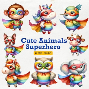 Cute Animals Superhero Clipart, Watercolor Safari Animal Clipart, Cute Baby Animals, Spring Animal PNG, Funny Animals, Superhero Clipart