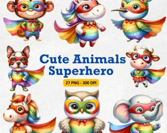 Watercolor Superhero Animal Clipart, Baby Safari Animals (PNG)