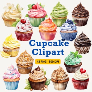 Paquete de imágenes prediseñadas de cupcakes de acuarela, Imágenes Prediseñadas de postres, PNG de cupcakes, Imágenes Prediseñadas de postres dulces, Tarjeta de cumpleaños, Imágenes prediseñadas de fiesta, Uso comercial