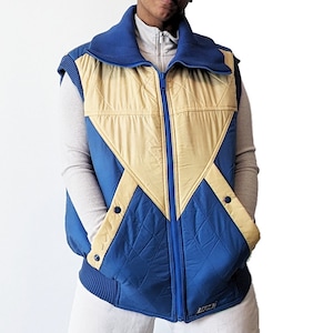 Veste matelassée jaune et bleue vintage des années 1970 Réversible image 1