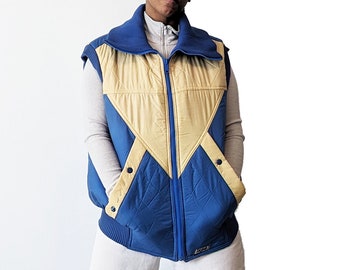 Veste matelassée jaune et bleue vintage des années 1970 - Réversible