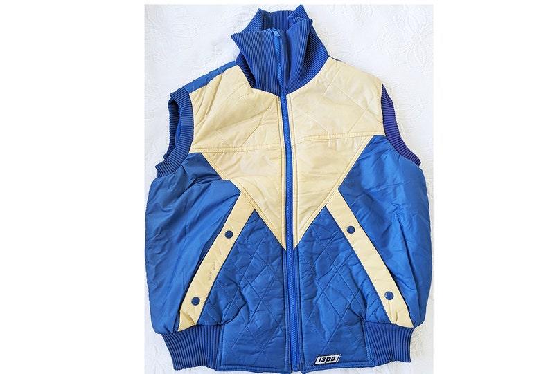 Veste matelassée jaune et bleue vintage des années 1970 Réversible image 6