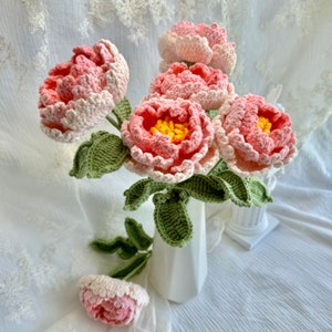 Crochet Peony in vase, Peony bouquet to upgrade home decor,Bouquet Peony bloom tabletop vase