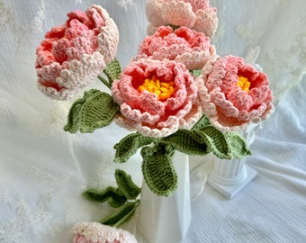 Crochet Peony in vase, Peony bouquet to upgrade home decor,Bouquet Peony bloom tabletop vase