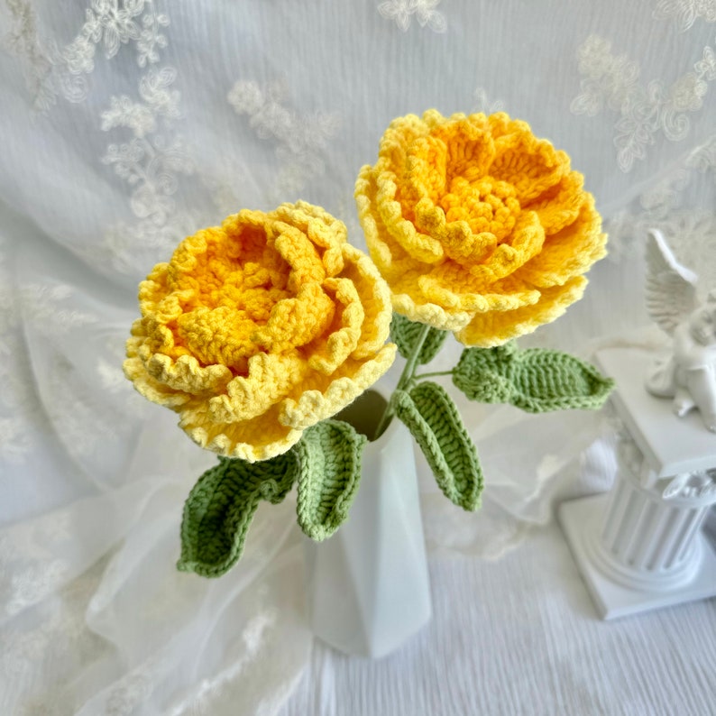 Crochet Peony in vase, Peony bouquet to upgrade home decor,Bouquet Peony bloom tabletop vase Yellow mixed