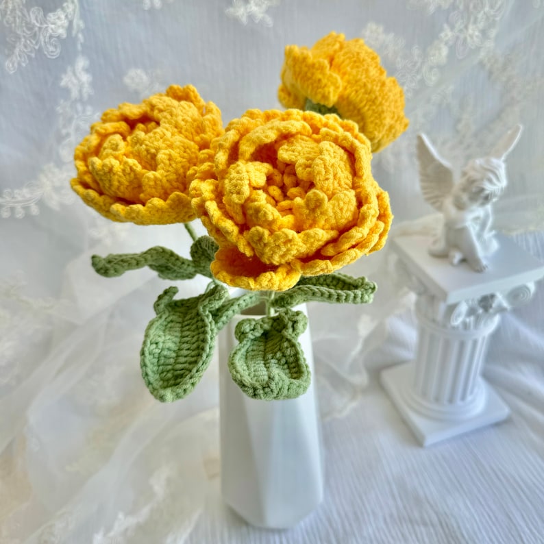 Crochet Peony in vase, Peony bouquet to upgrade home decor,Bouquet Peony bloom tabletop vase Yellow