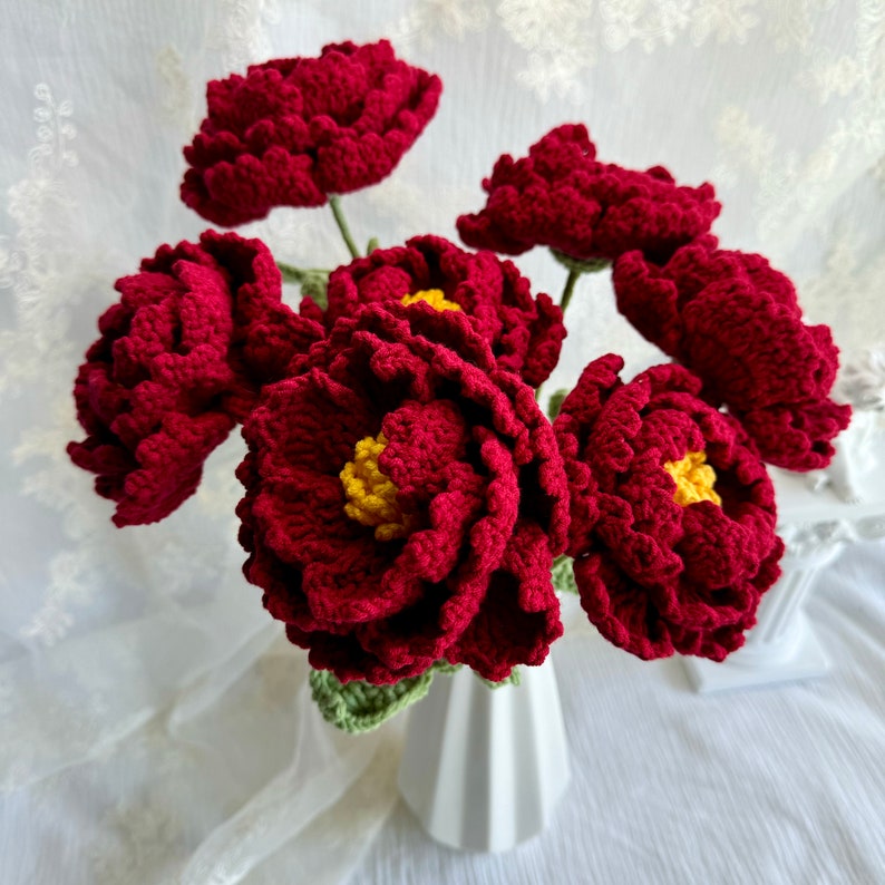 Crochet Peony in vase, Peony bouquet to upgrade home decor,Bouquet Peony bloom tabletop vase Red