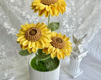 Sunflowers arrangement in Ceramic Pot, indoor potted Crochet Sunflowers to upgrade home decor,Bouquet Sunflowers bloom in the Pot，