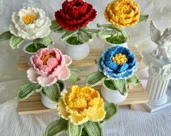 Crochet peony,crochet flowers for holiday gift, tabletop decor home decor gift Registry,Bouquet peony in the Pot for Mother's day