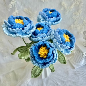 Crochet Peony in vase, Peony bouquet to upgrade home decor,Bouquet Peony bloom tabletop vase Blue