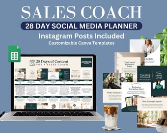 Sales Coach Social Media Planner, Instagram Content Calendar, 28 Done For You Editable Canva Templates, Monthly Content Excel Google Sheets