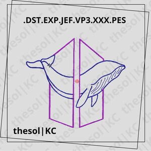 May include: A blue whale silhouette inside a purple geometric shape. The text ".DST.EXP.JEF.VP3.XXX.PES" is above the whale. The text "thesol | KC" is repeated around the image.
