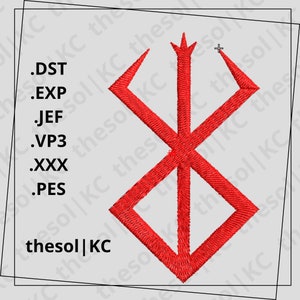 May include: A red embroidered symbol featuring a diamond and arrow-like shapes. The image includes the text ".DST", ".EXP", ".JEF", ".VP3", ".XXX", ".PES", and "thesol|KC" on a light grey background.