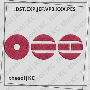 May include: A digitally embroidered design featuring three maroon shapes: a circle with a hole, and two semi-circles with horizontal and vertical lines. The text includes ".DST.EXP.JEF.VP3.XXX.PES" and "thesol | KC".