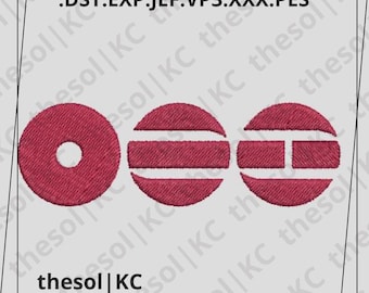May include: A digitally embroidered design featuring three maroon shapes: a circle with a hole, and two semi-circles with horizontal and vertical lines. The text includes ".DST.EXP.JEF.VP3.XXX.PES" and "thesol | KC".