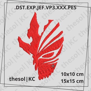 May include: Red embroidered design of a stylized butterfly with a plus sign in the center. The design is available in two sizes: 10x10 cm and 15x15 cm.